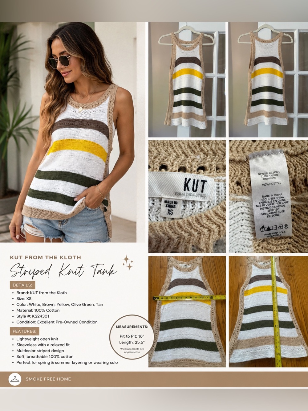KUT from the Kloth Multistripe Knit Tank - White, Brown, Yellow, Olive, Tan